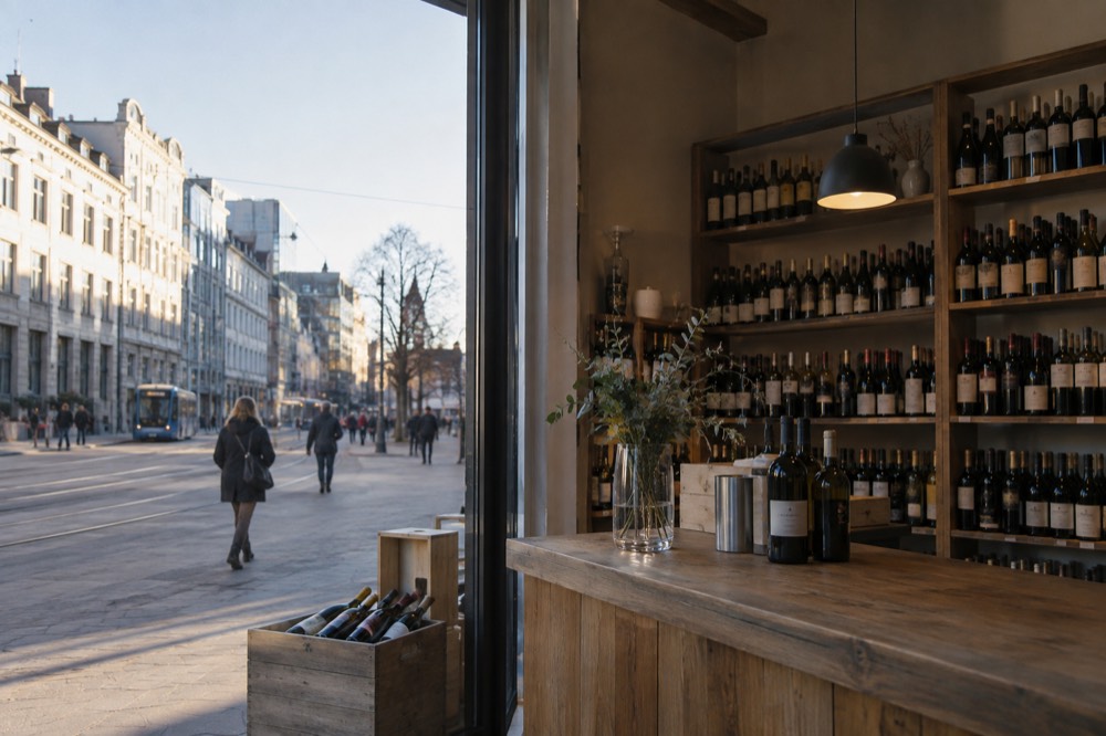 Shelves of wine bottles inside a small Oslo shop with a wooden counter
