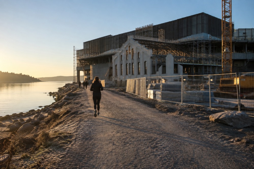 The new museum construction site on Bygdøy with the protected old building facade visible at the front