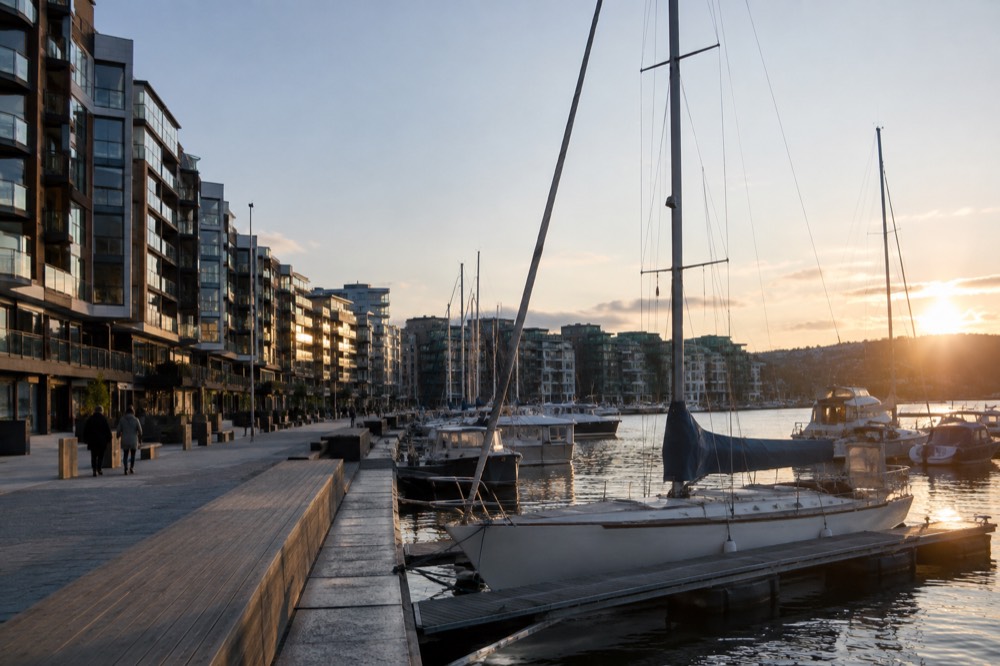 Apartment towers and moored sailing boats at the Aker Brygge marina