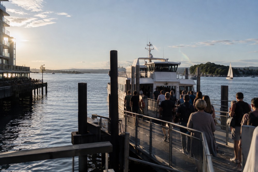 Public ferry at the Aker Brygge pier with island passengers boarding