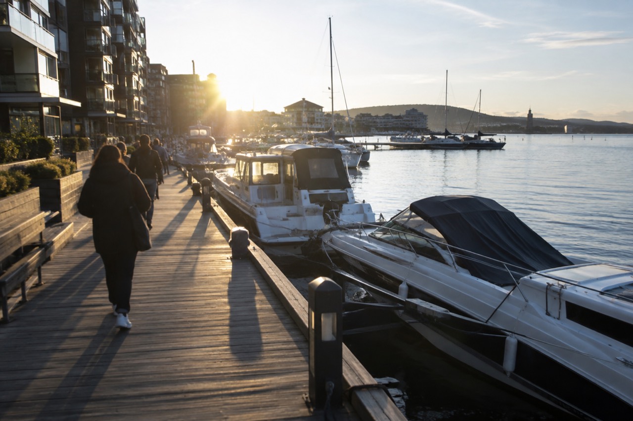 Wooden pier and moored boats along the Aker Brygge waterfront with apartment buildings behind