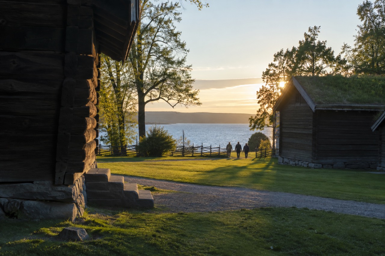 Wooden museum buildings and green lawns on the Bygdøy peninsula by the Oslofjord