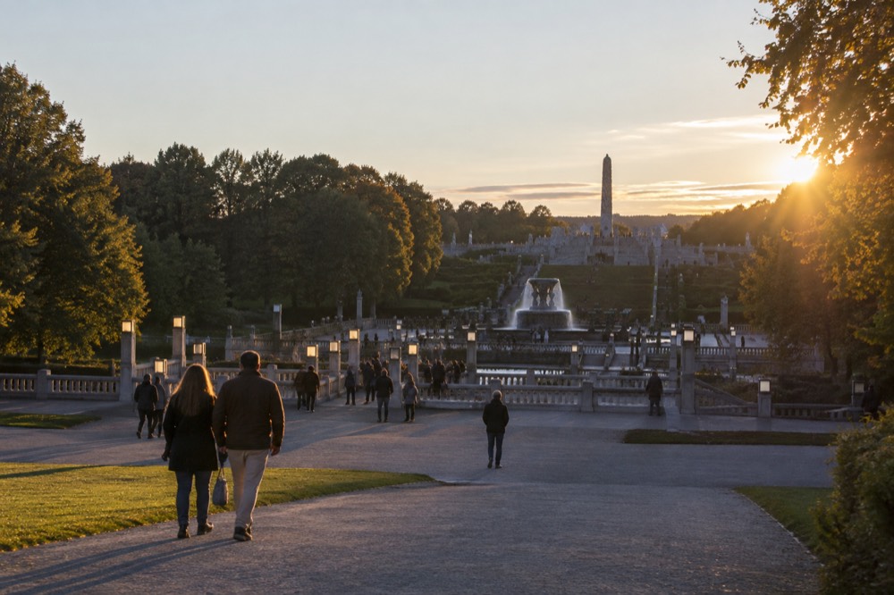 Granite sculptures arranged along the central axis of Vigeland Park