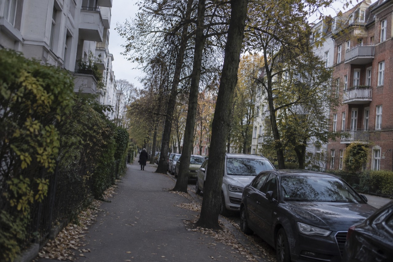 Tree-lined residential street with brick apartment buildings in Frogner, Oslo