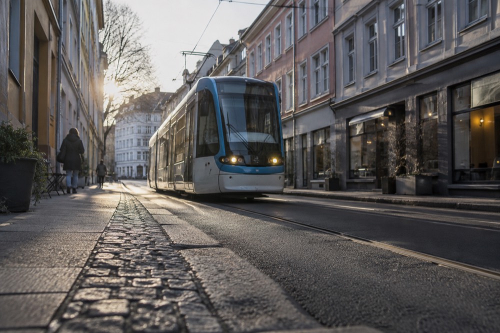A tram passing old storefronts on a narrow street in Grünerløkka