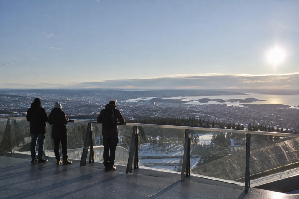 View from the Holmenkollen tower over central Oslo and the Oslofjord