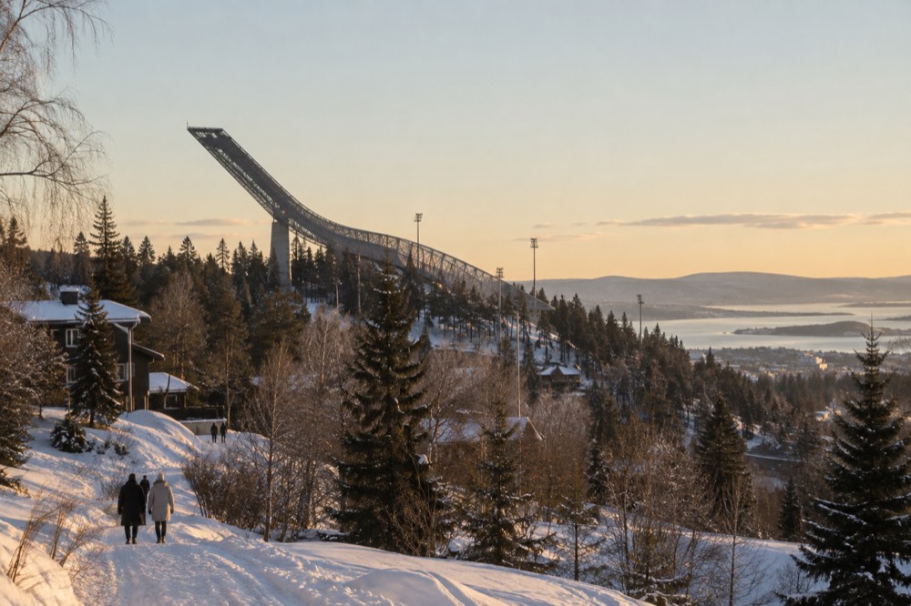 The ski jump structure seen from the surrounding parkland