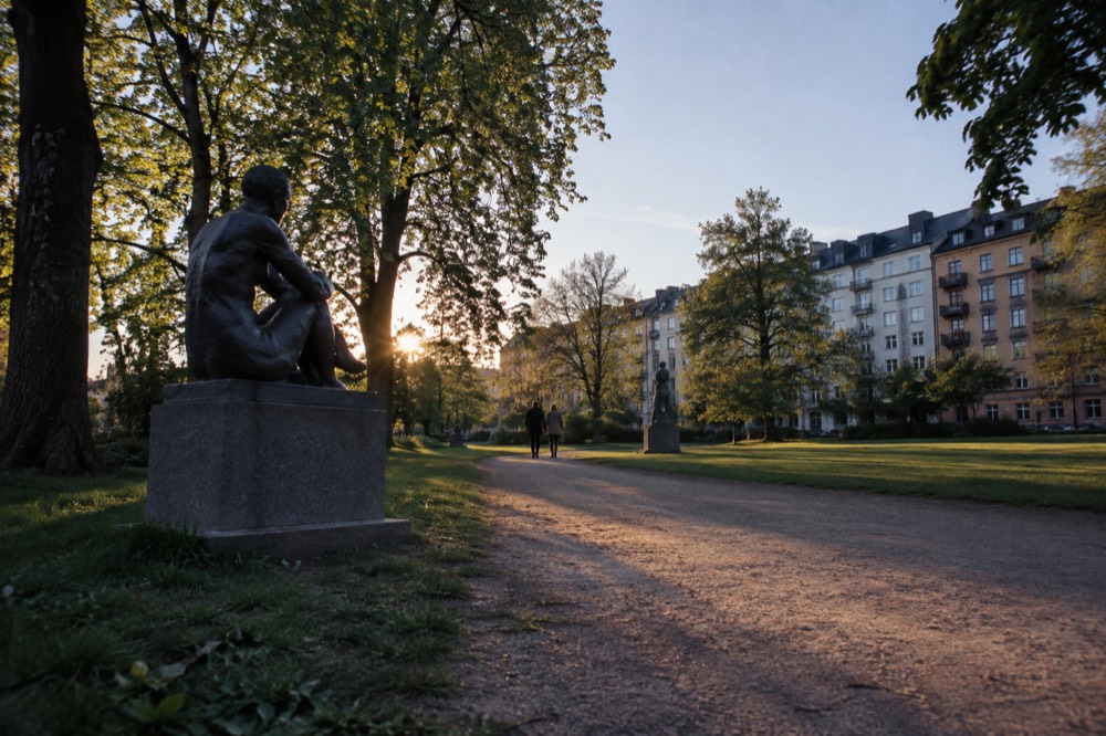 Sculptures along a gravel path in a large green park with tall trees
