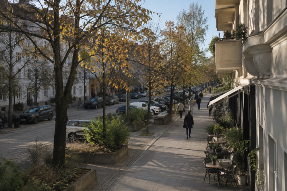 Shopping street with storefronts and outdoor café tables along a tree-lined sidewalk