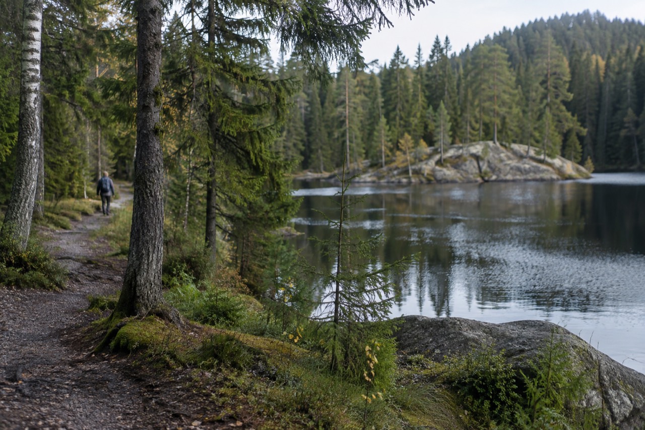 Forest trails and a small lake among pine trees on the hills above Oslo