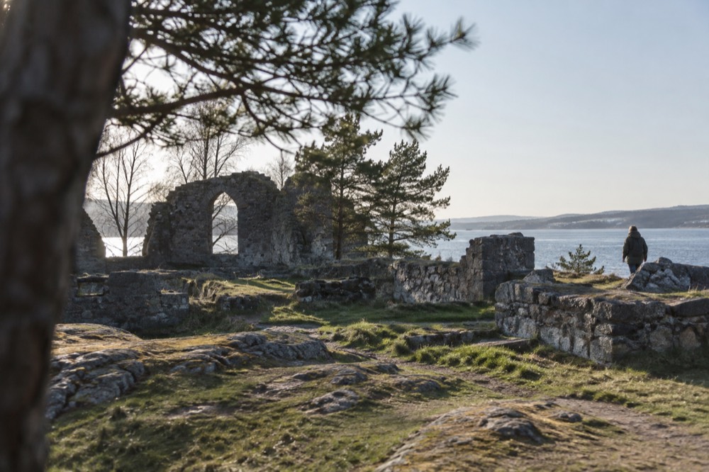 Ruined stone monastery walls surrounded by grass and trees on a small island