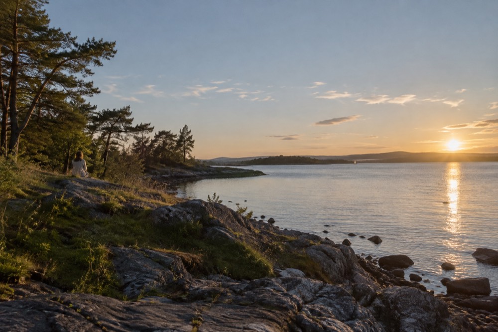 Rocky beach with clear water and pine trees on a small fjord island