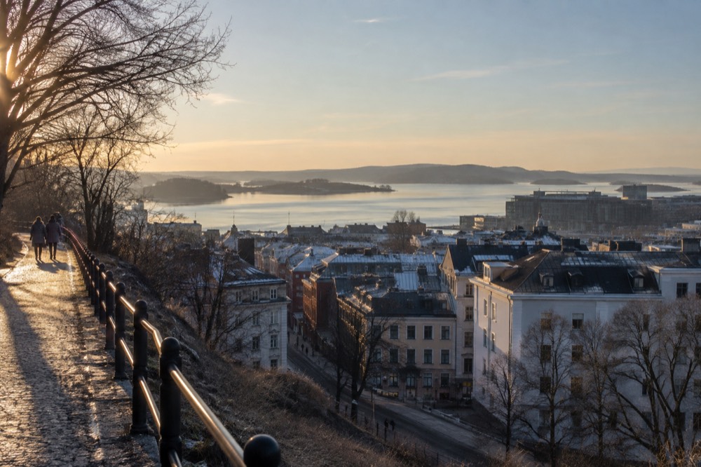 View from a hillside over Oslo rooftops toward the fjord and islands