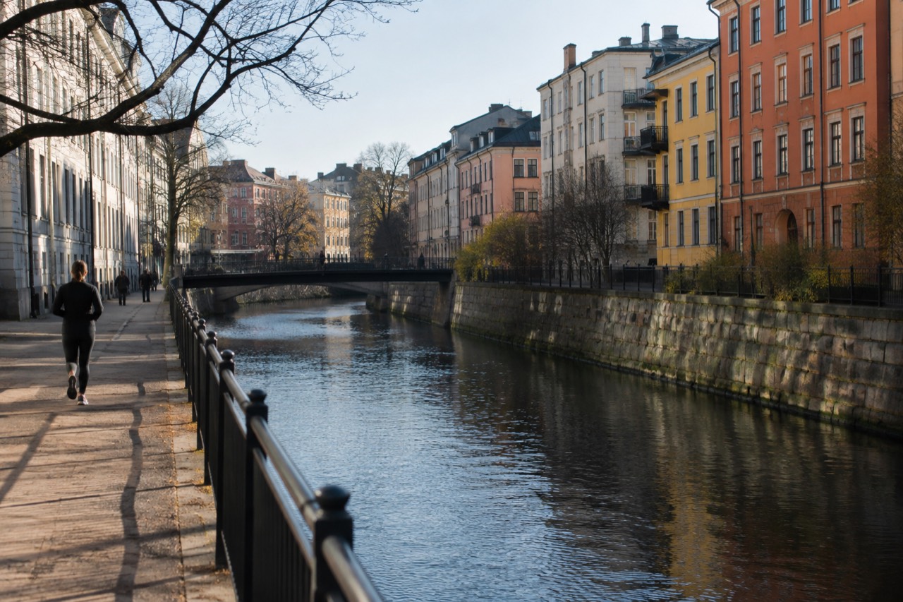 Colorful apartment buildings along a street in an Oslo neighborhood with the river in the foreground