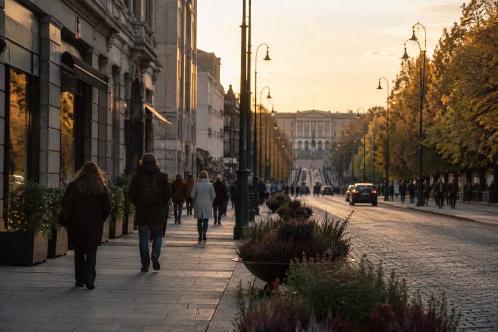 Karl Johans gate with the Royal Palace visible in the distance under a soft sky
