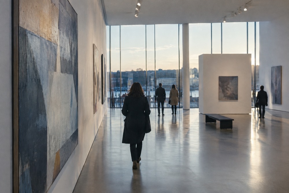 Gallery visitors viewing paintings in a bright modern museum hall