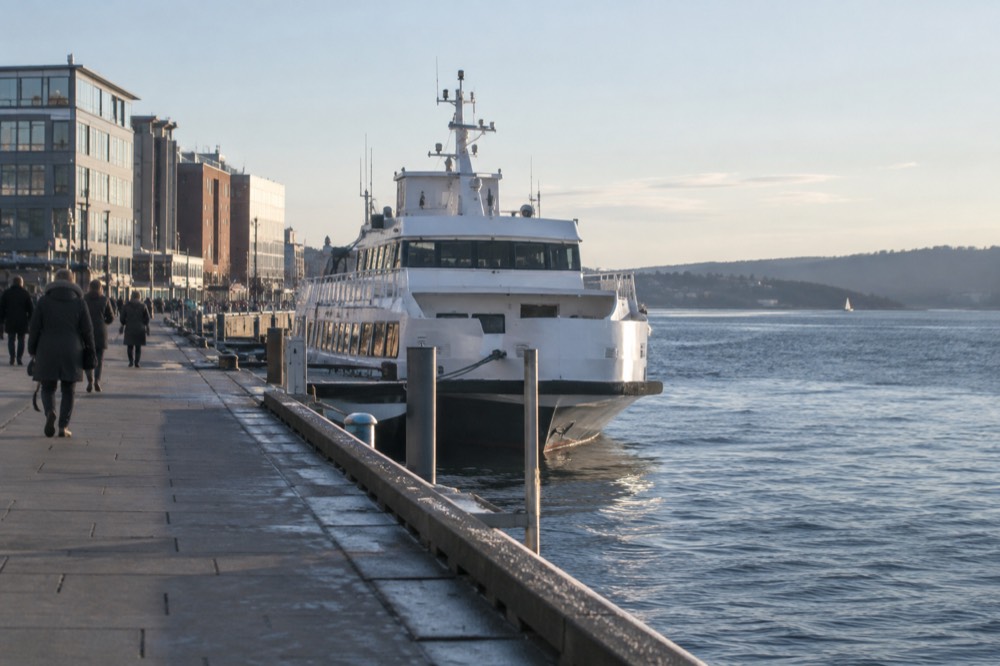 A white passenger ferry moored at a city pier with fjord water behind it