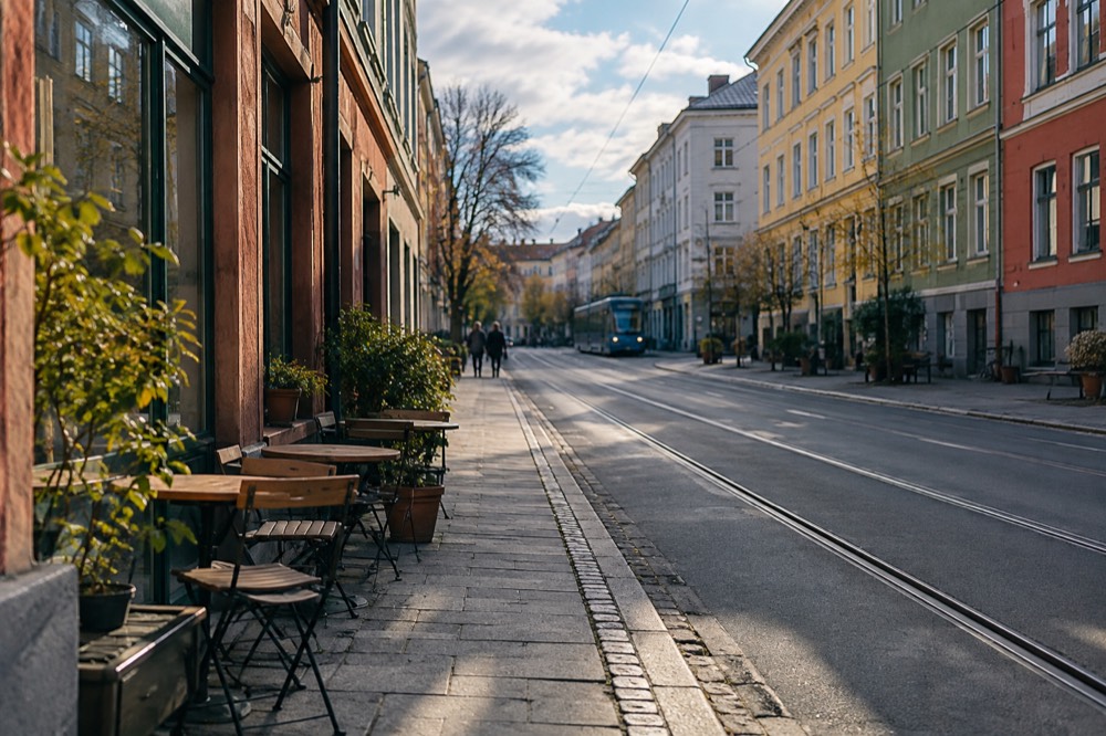 Colorful wooden townhouses and cafe fronts on a quiet neighborhood street