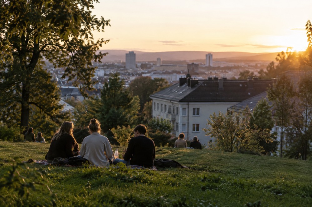 A picnic blanket on a park lawn with a view over city rooftops