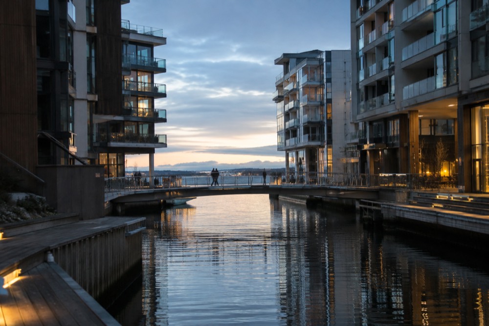 Canal with footbridges between modern apartment buildings at Tjuvholmen