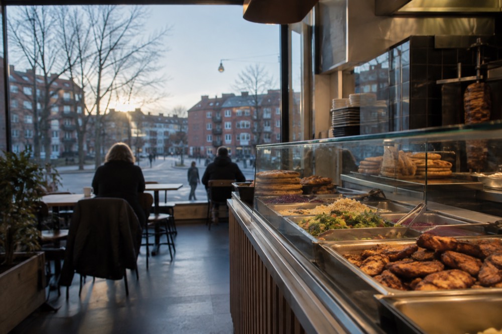 Counter with trays of grilled meat, breads and salads behind a glass display