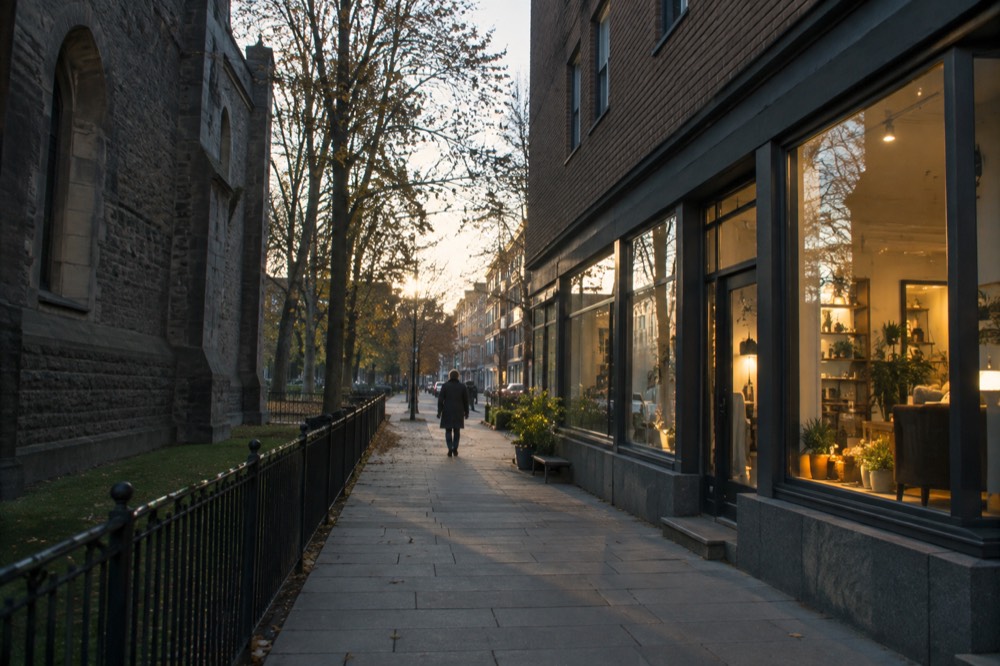 Evening street scene with lit shop windows and people-free sidewalk beside a stone church