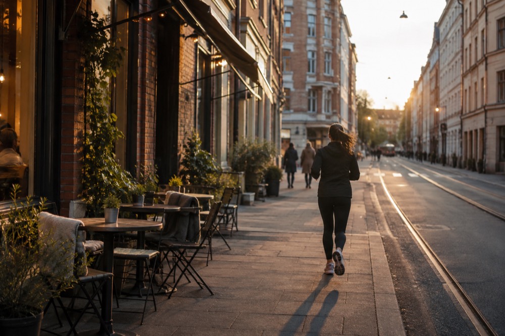 Café tables and brick buildings on a Grünerløkka side street
