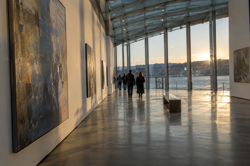 Bright gallery hall with large paintings on white walls