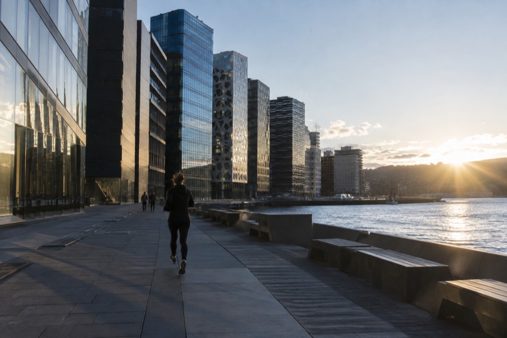 Row of narrow modern glass towers rising above the Oslofjord waterfront