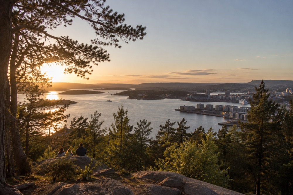 View from a forested ridge over the Oslofjord, harbor buildings and city rooftops