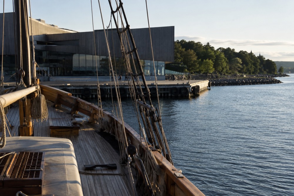 Wooden deck and rigging of an old polar ship seen from the upper museum walkway
