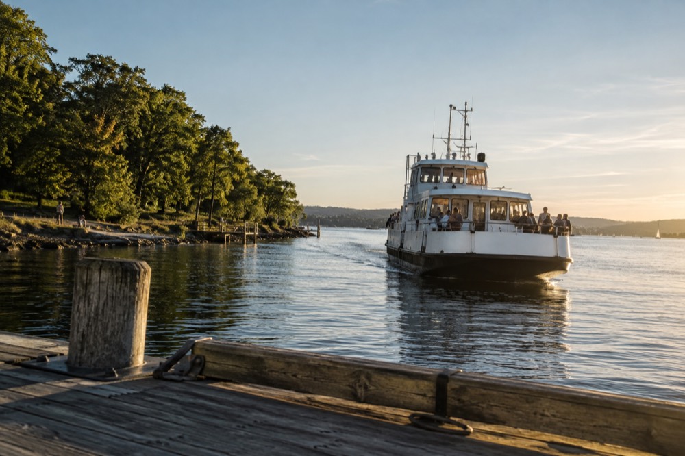 A passenger ferry approaching the wooden pier at Bygdøynes on a calm summer day