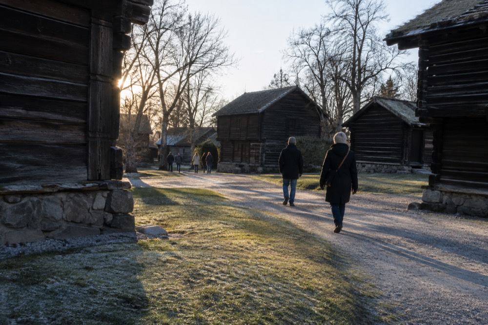 Visitors walking between historic wooden farm buildings in an open-air museum