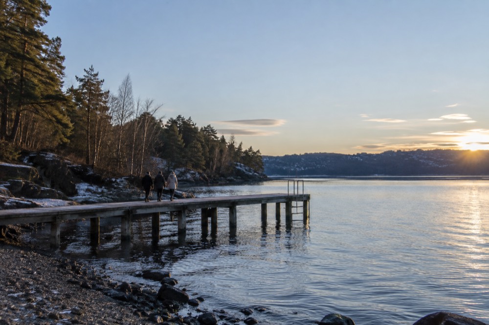 Green forested island shoreline with a wooden pier on calm Oslofjord water