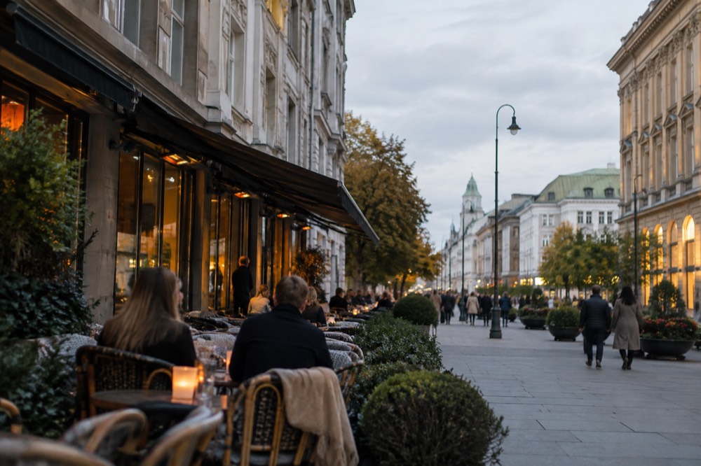 People sitting at outdoor tables of a cafe on a pedestrian street in evening light