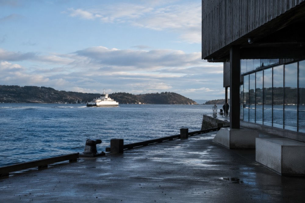 A passenger ferry crossing the Oslofjord toward the Bygdøy peninsula