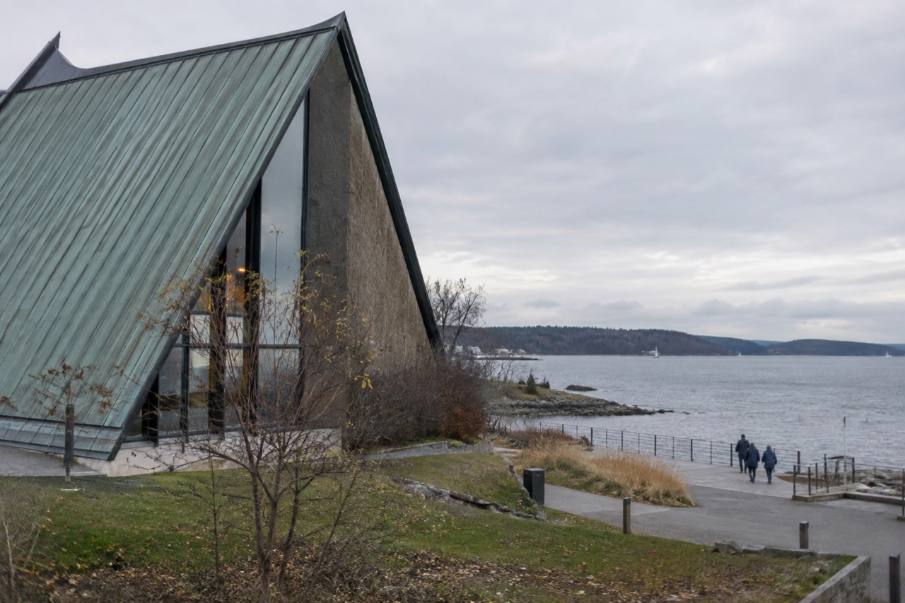The Kon-Tiki Museum building at Bygdøynes with the Oslofjord behind it