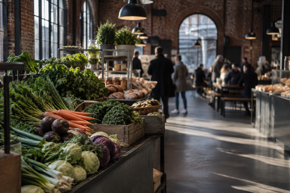 Interior of an industrial brick food hall with counters of food and people at communal tables