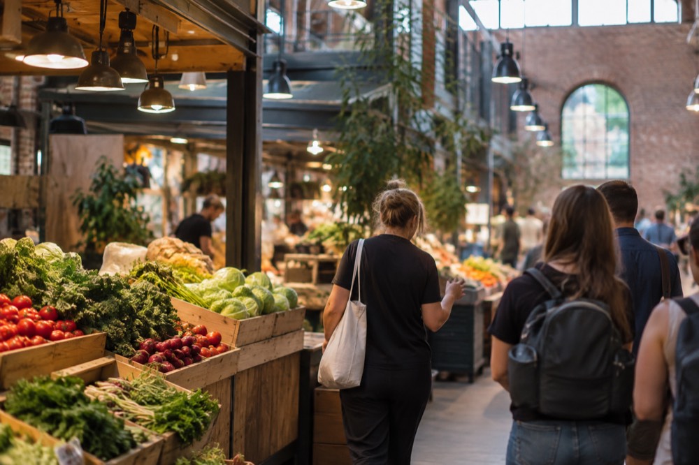 A guide leading a small group of visitors along a city street on a food tour