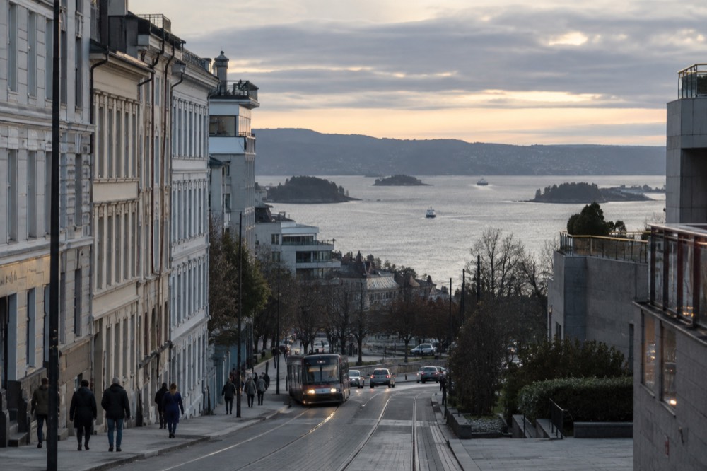 Evening light over the Oslofjord with small islands and boat traffic