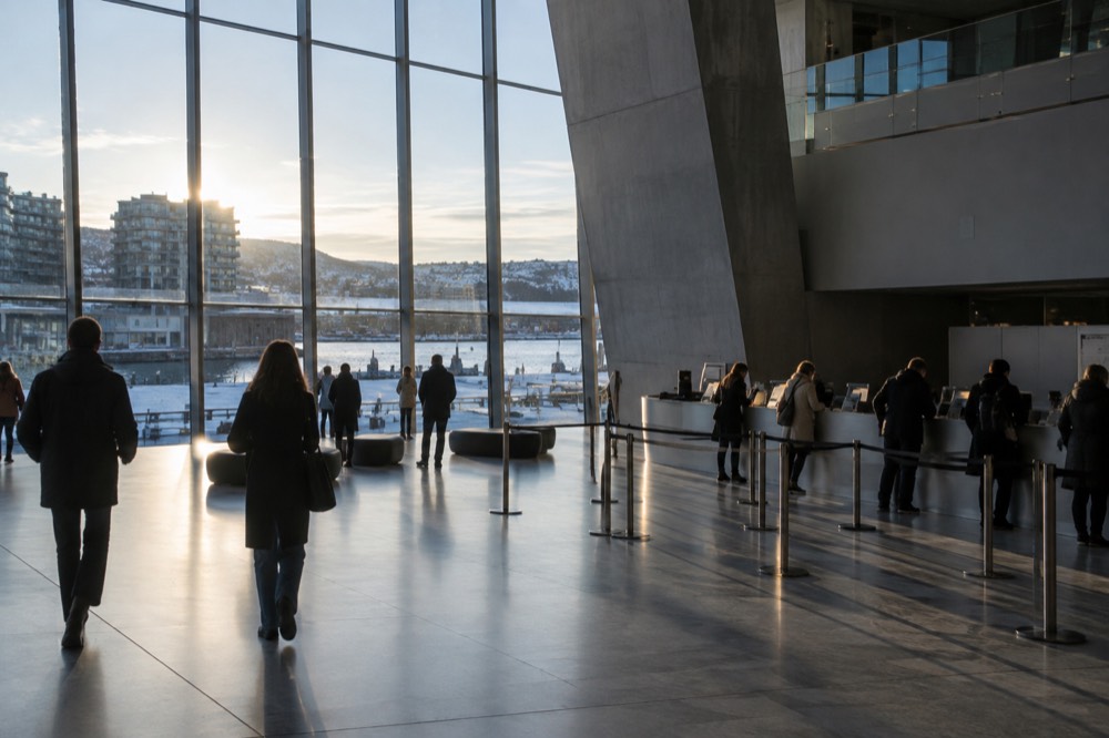 The MUNCH museum lobby with visitors at the ticket counters