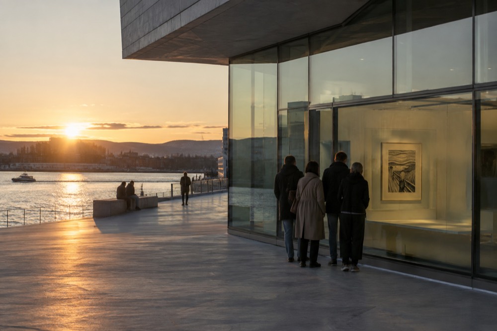 Visitors studying a Munch print displayed in a glass case
