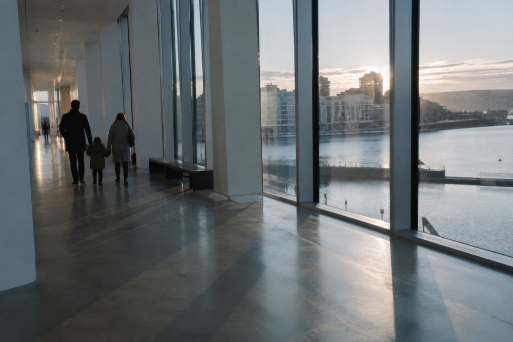 A family walking through a bright museum corridor at MUNCH
