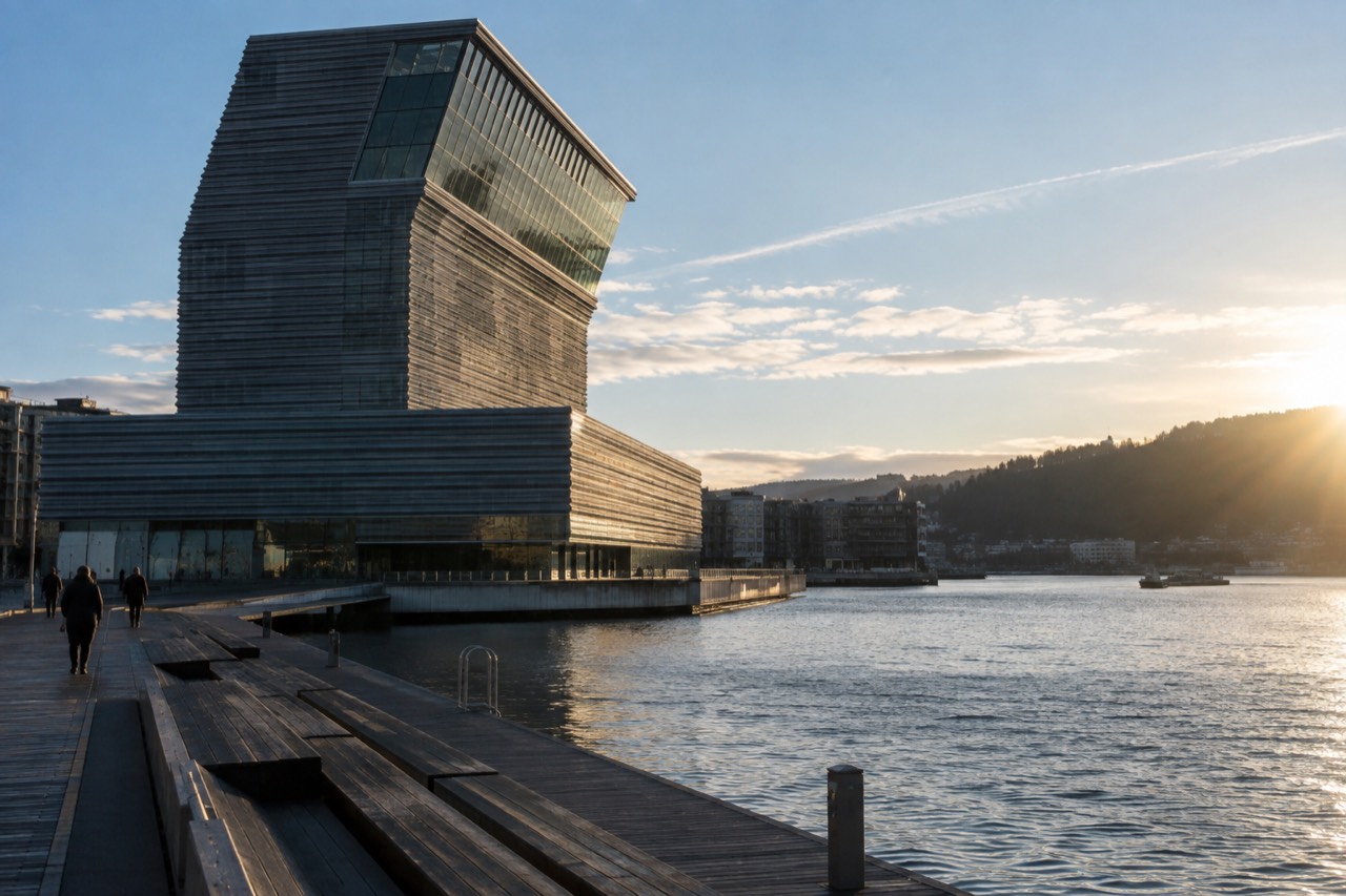 The MUNCH museum building beside the Oslofjord waterfront at Bjørvika
