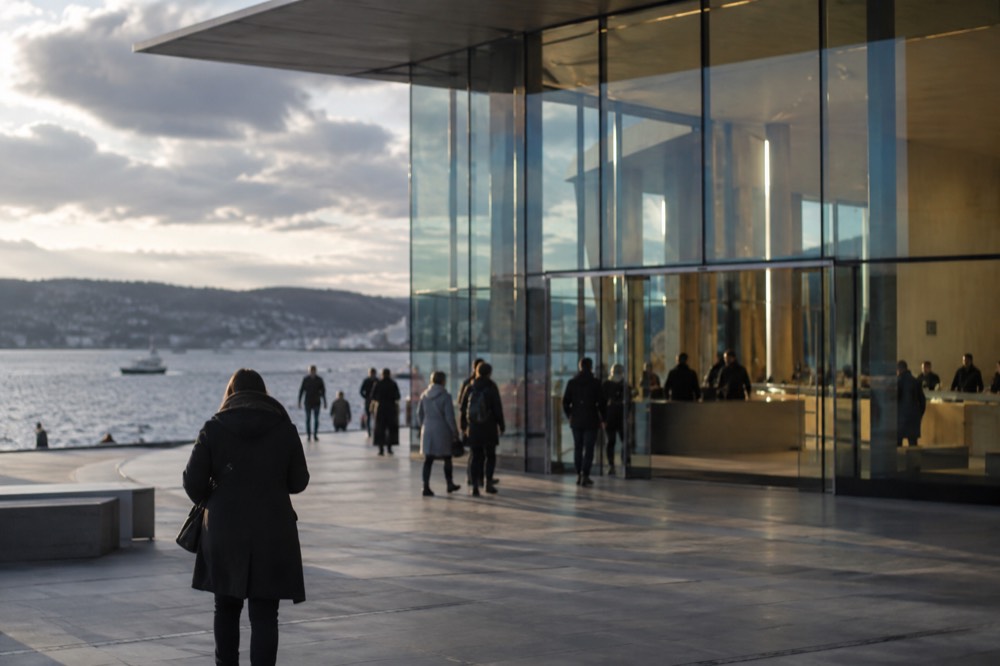 Ticket desk and entrance hall of a modern museum building