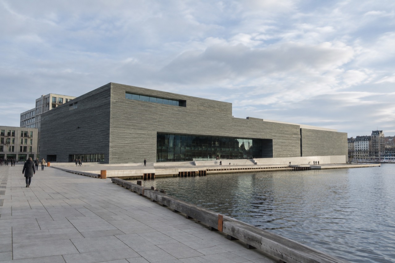The National Museum building in Oslo seen from the waterfront on a bright day