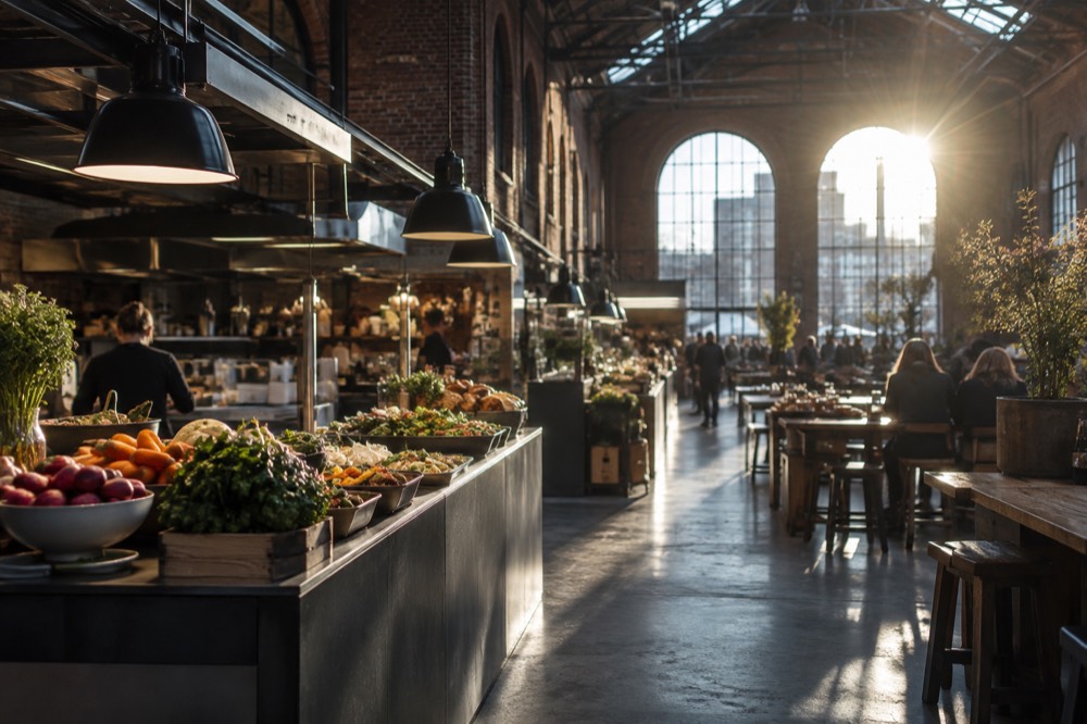 A market food hall interior with counters of prepared food and seating