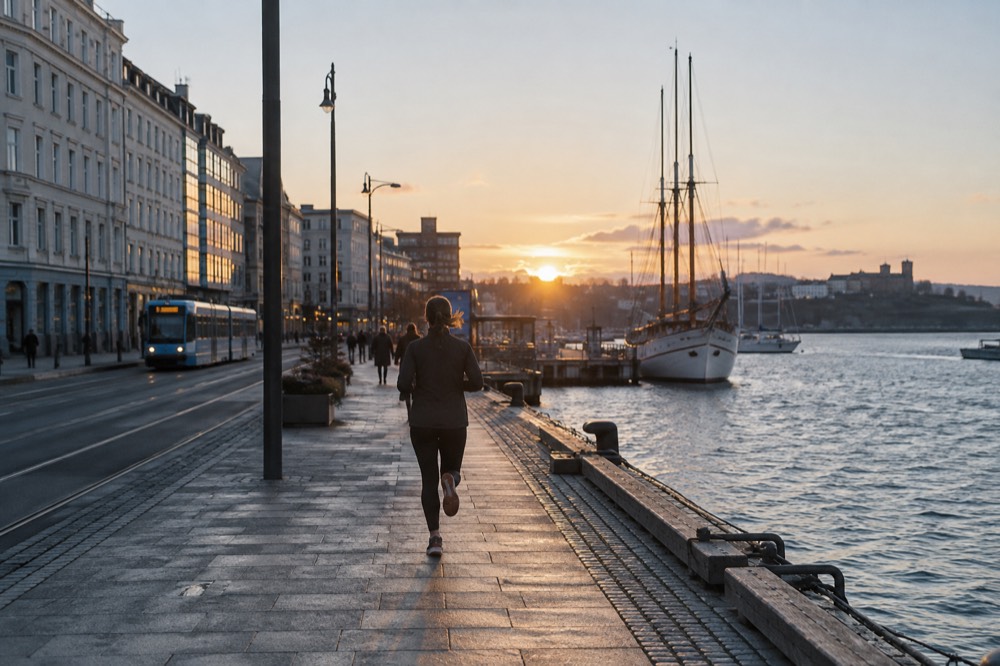 A wooden sailing ship and small boats moored in the Oslofjord near the city center at dusk