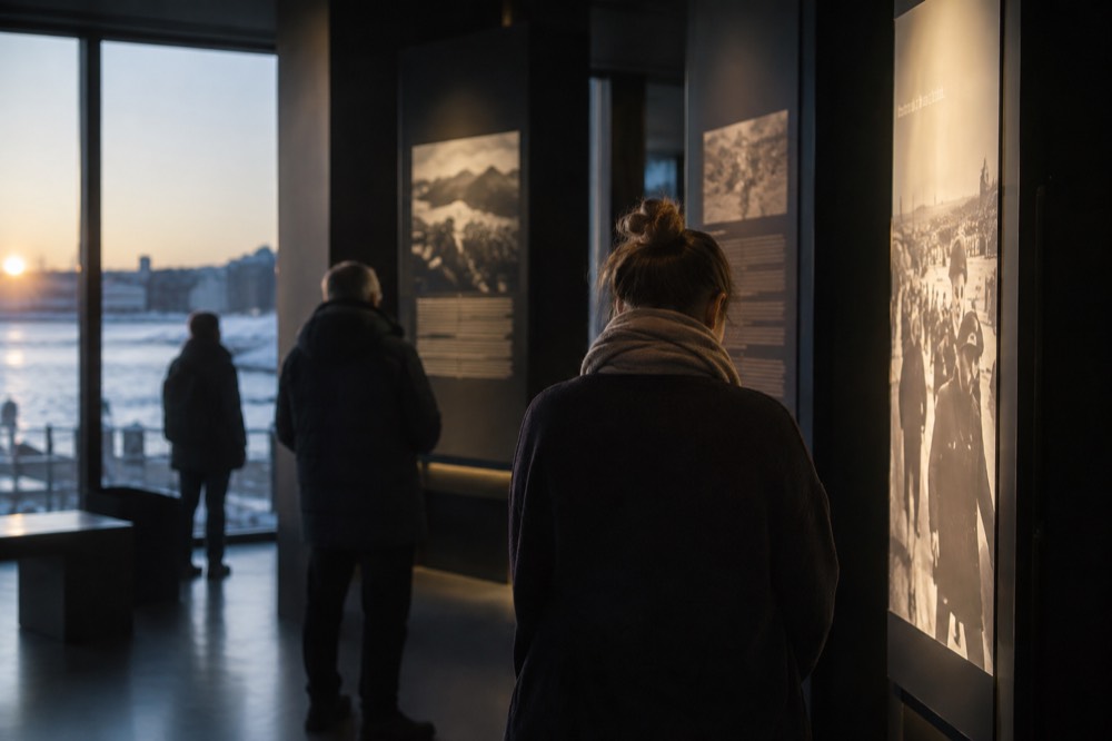 Visitors reading illuminated text panels in a darkened gallery space