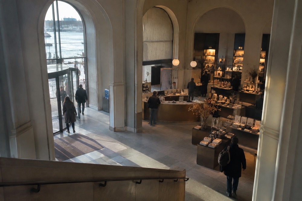 The museum entrance hall with the ticket desk and shop under warm lighting